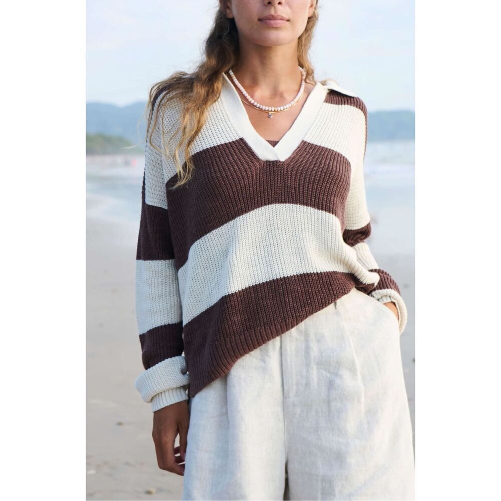 Faherty Miramar Linen Polo Sweater in Cocoa Rugby Stripe Cream, Brown Size L - Picture 11 of 12
